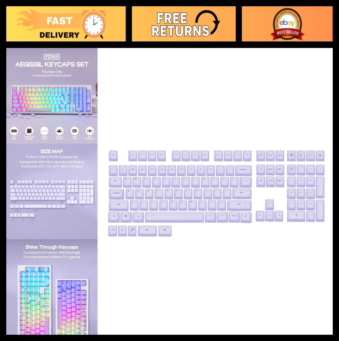 Custom Keycap Set 113 Keys - Silicone Cherry Profile for Mechanical Keyboards -