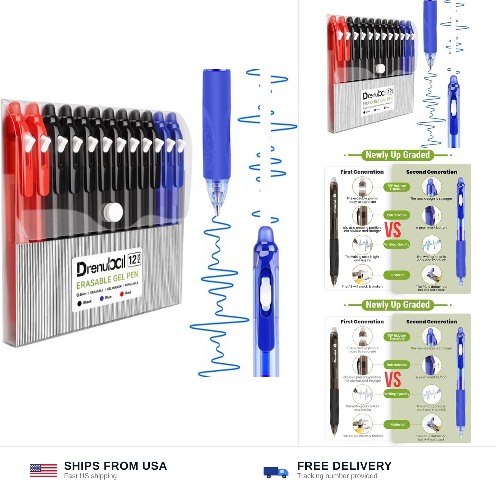 12-pack Erasable Pens - Black & Blue Gel Ink, Quick-Drying, Retractable Comfo...