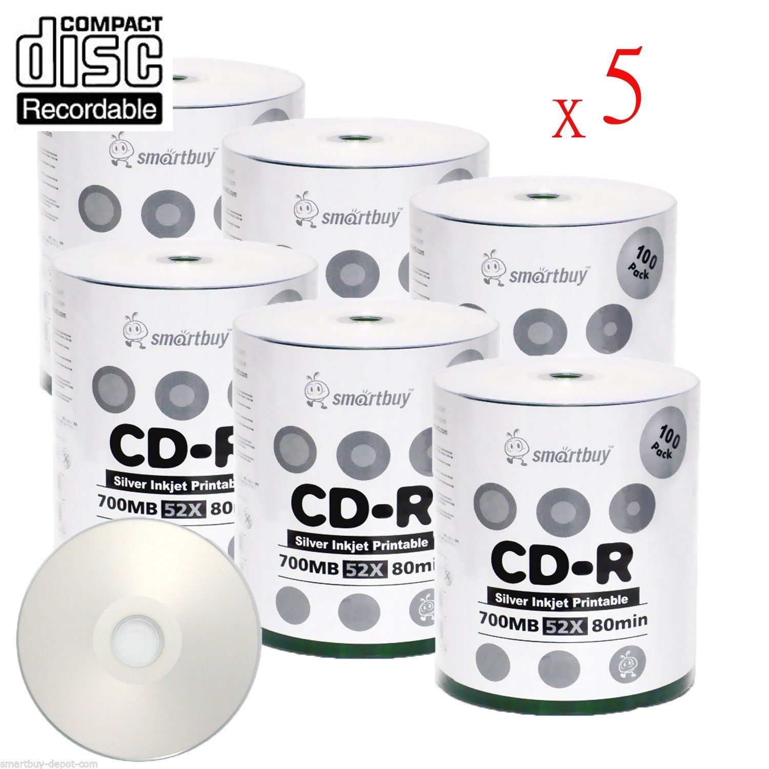 3000 SmartBuy CD-R 52X 700MB/80Min Silver Inkjet Hub Printable Blank Record Disc