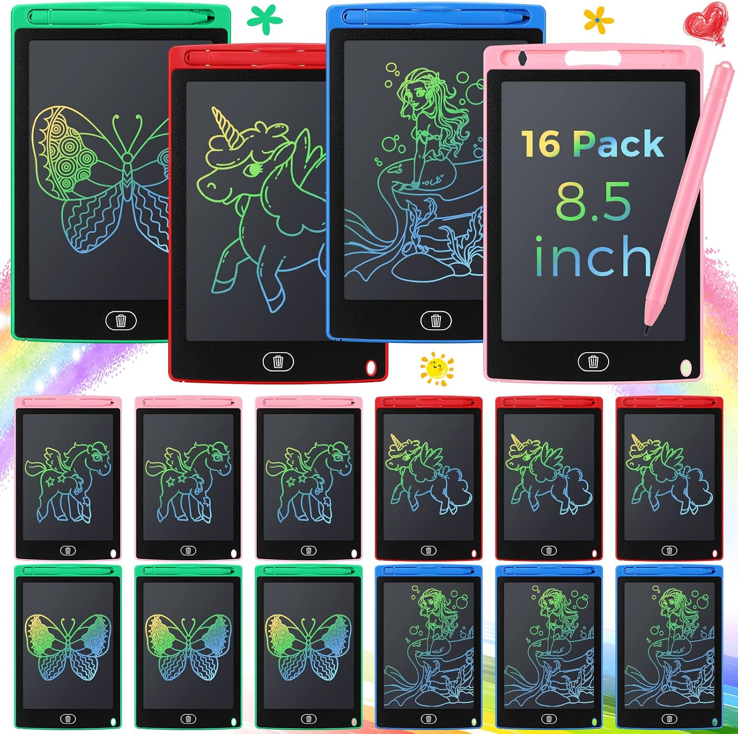 16 Pack LCD Writing Tablets, 8.5 Inch, Blue, Green, Pink, Red - Doodle Pad