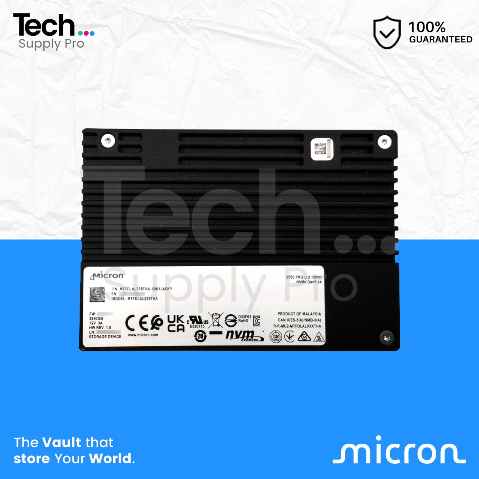 MTFDLAL3T8THA Micron 9550 PRO 3.84TB PCIe NVMe U.2 2.5" Solid State Drive