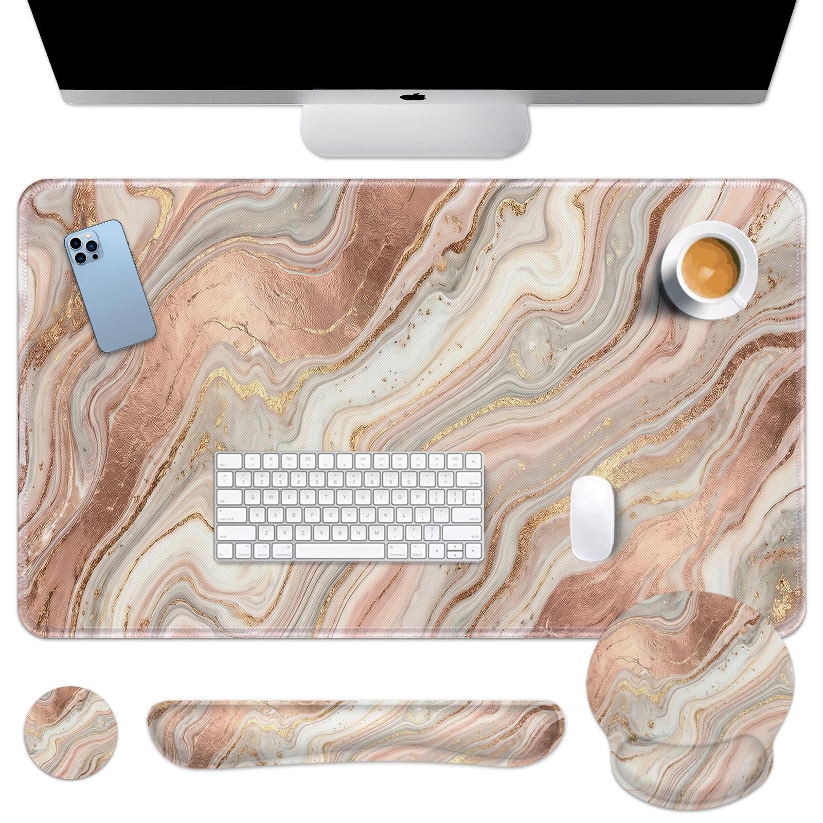 Keyboard Pad Set, 4 in 1 Desk Mat Set, Marble Gold Pink