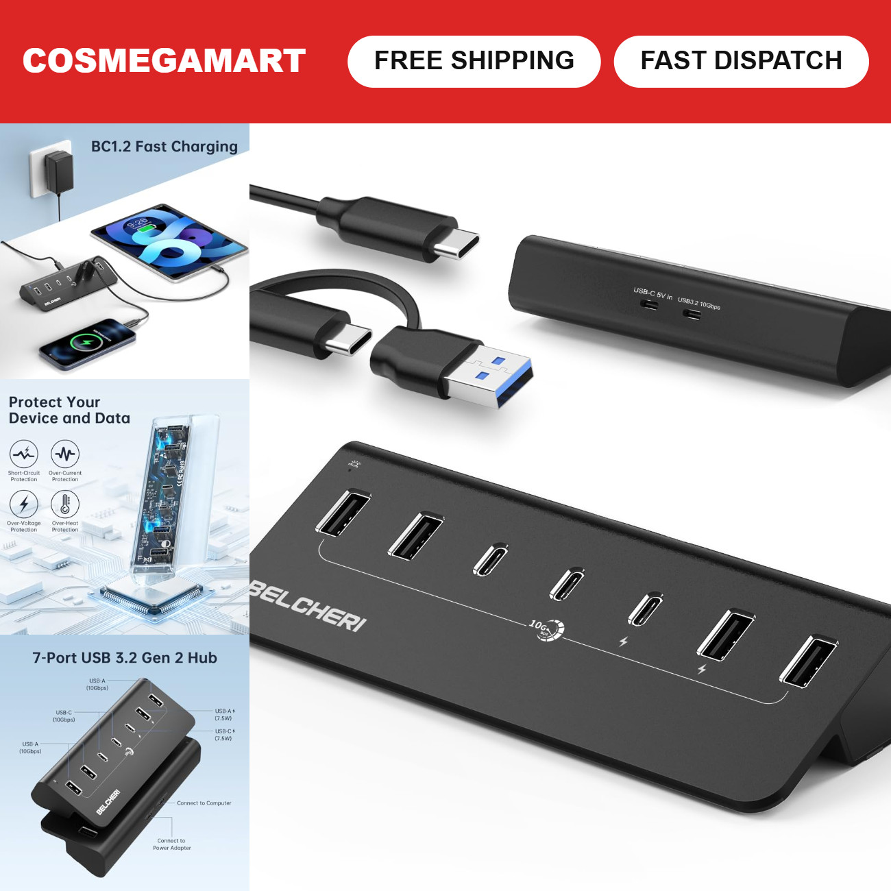7-Port USB Hub, 10Gbps High-Speed Data Splitter, Aluminum, 4 USB-A & 3 USB-C Por