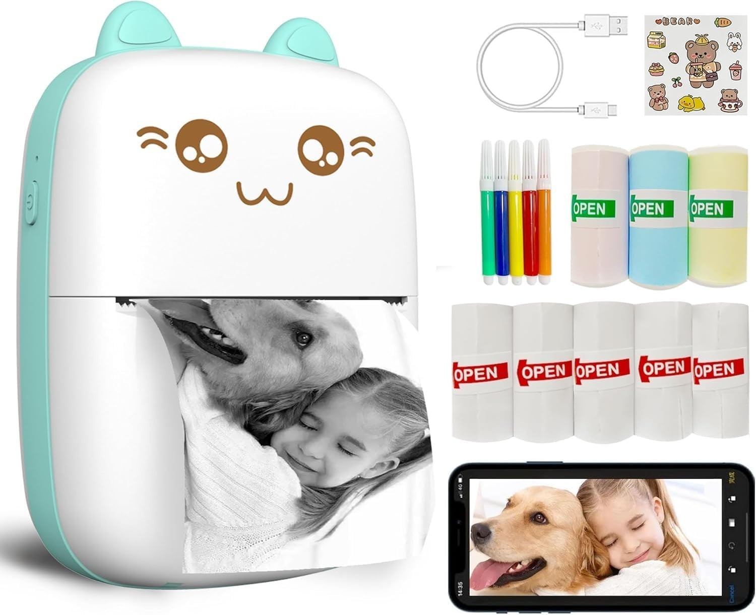 Mini Bluetooth Thermal Sticker Printer 8 Paper Rolls iOS Android Portable