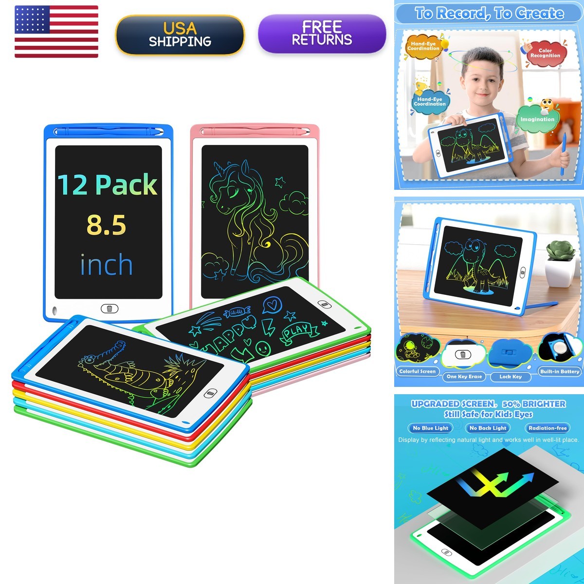 TQU LCD Writing Tablet 8.5 Inch Colorful Doodle Board 12 Pack