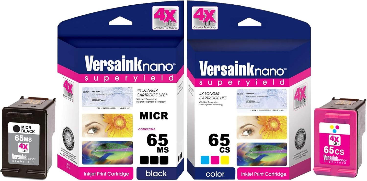 Versaink Nano 65 Ms Micr Black & Cs Tri Color Ink Cartridges For Hp Printers