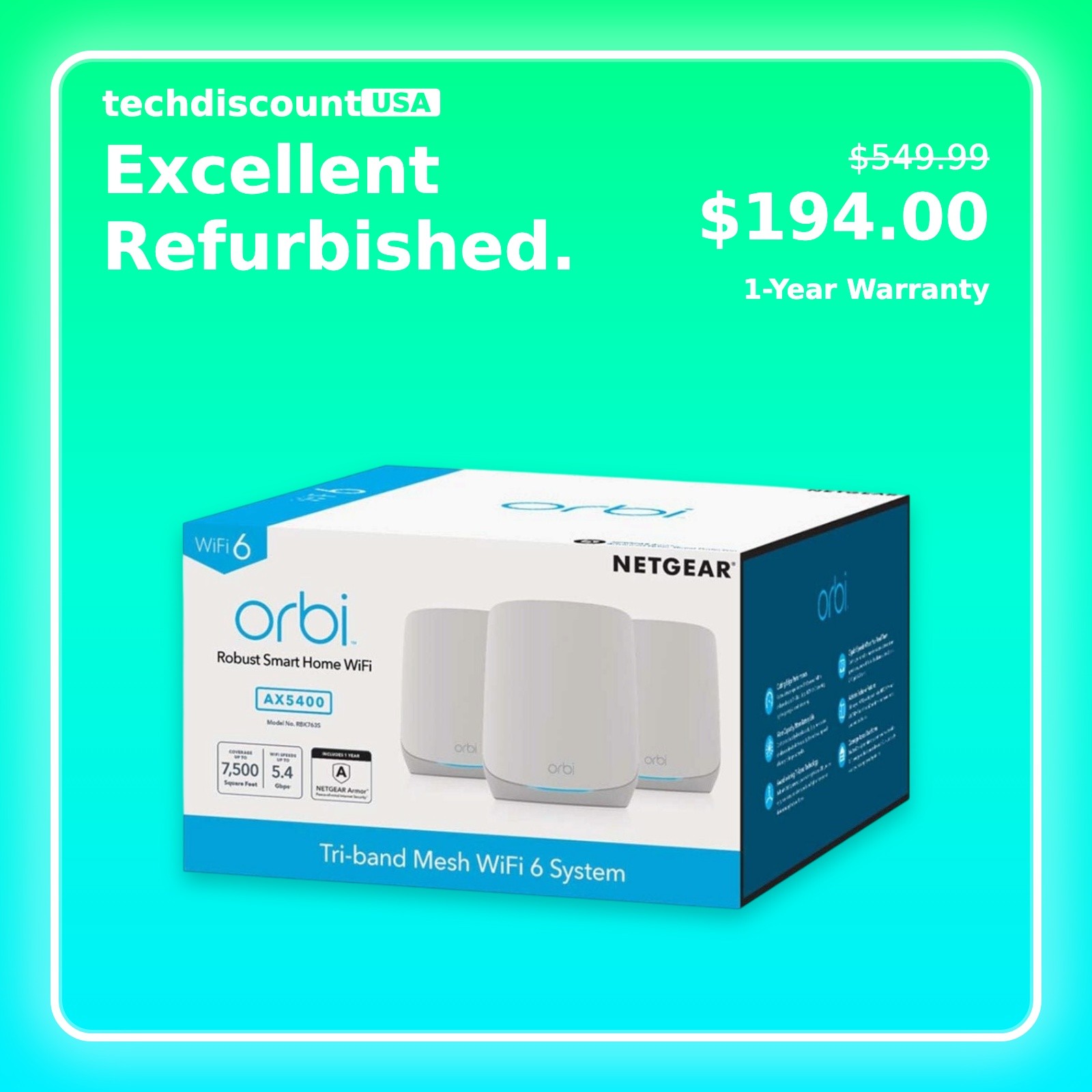 Netgear Orbi AX5400 Mesh WiFi 6 System 3-Pack RBK763S-100NAS