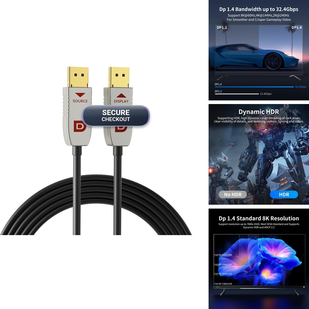 RUIPRO DisplayPort Cable 1.4 8K Fiber Optic 15ft 8K@60Hz 4K@120Hz for 4090