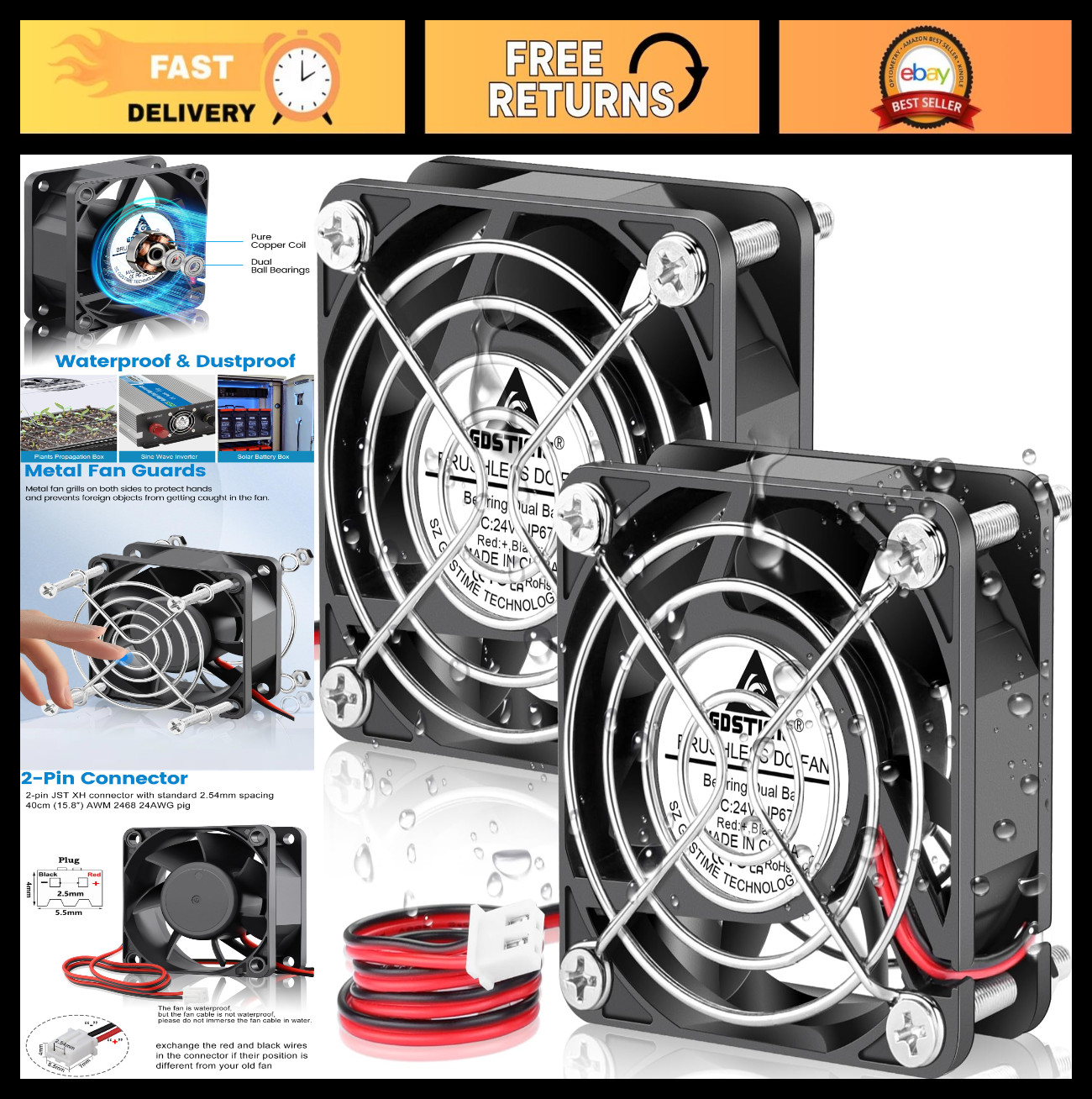 60mm 24V DC Waterproof IP67 High-Speed Cooling Fans - Dual Ball Bearing, 2-Pack
