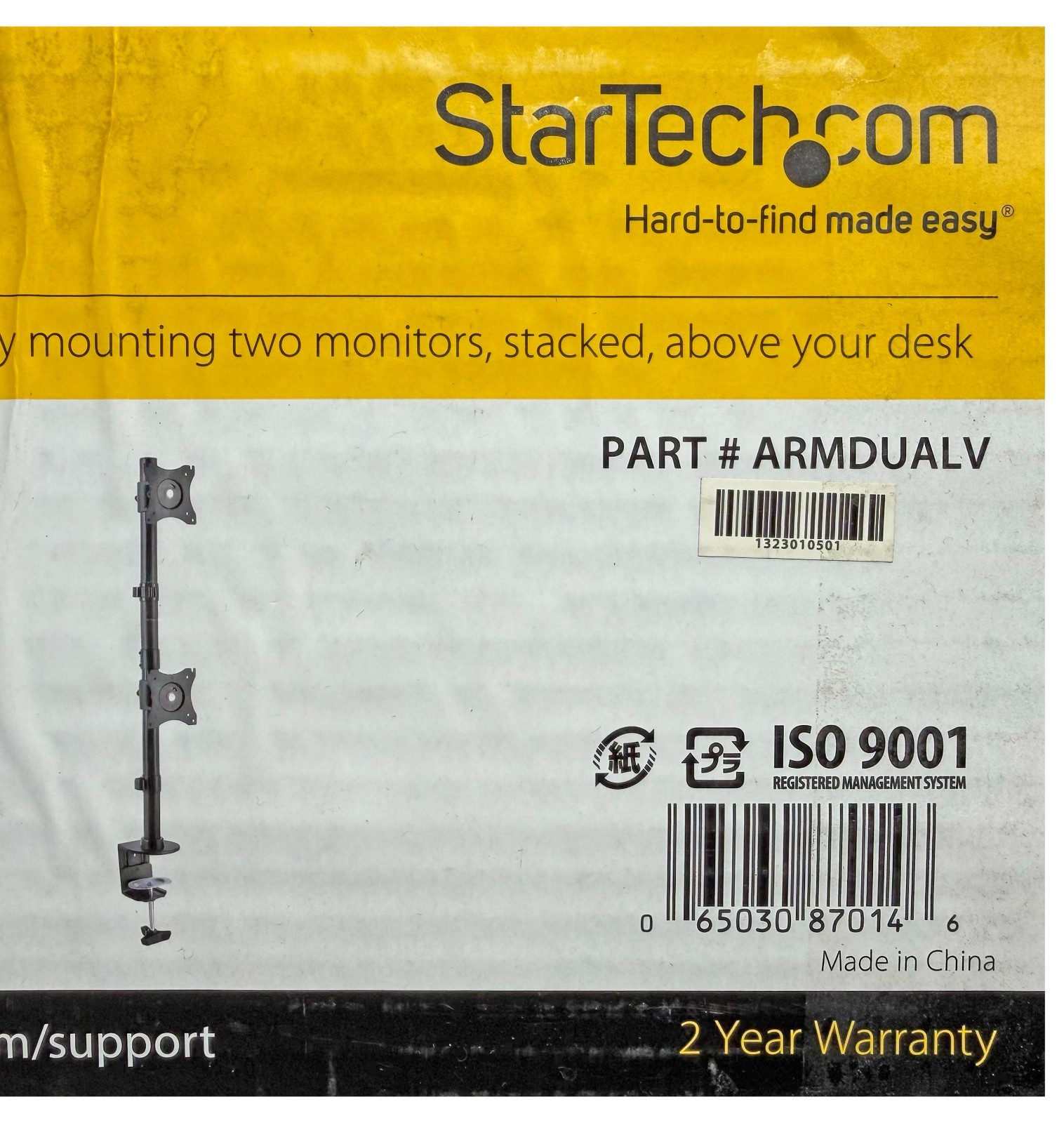 StarTech Vertical Desk Mount Dual Monitor Arm ARMDUALV - Open Box Complete