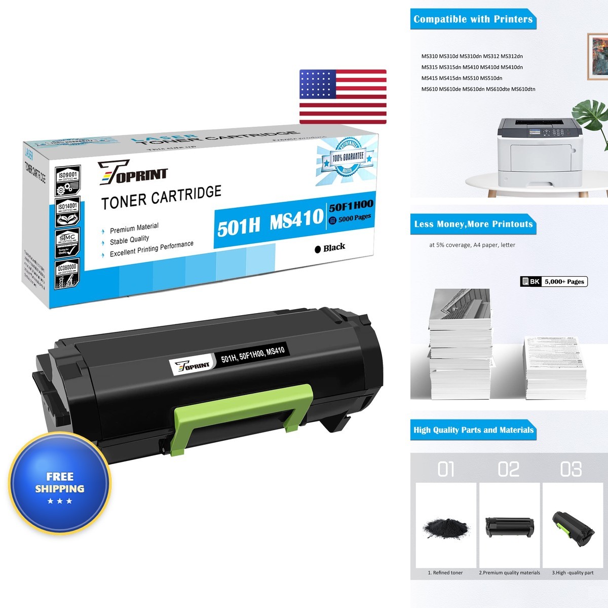 TOPRINT 501H 50F1H00 High Capacity Toner Cartridge Black 5000 Pages for Lexmark