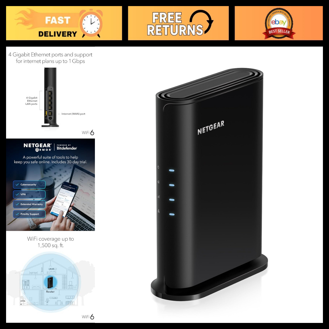 WiFi 6 Router, Up to 1,500 sq ft Coverage, 1.8 Gbps Speed, Dual Band, Gaming Rea