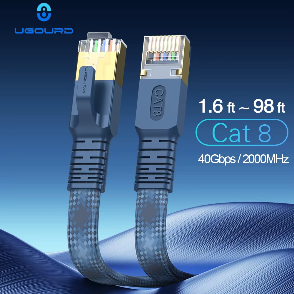  CAT 8 Flat Network Internet Cable 40Gbps 2000MHz Round RJ45 Nylon Braided LAN C