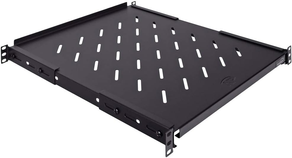 Durable Vented 4-Post Rack Shelf - Adjustable, 242 lbs Weight Capacity, Black