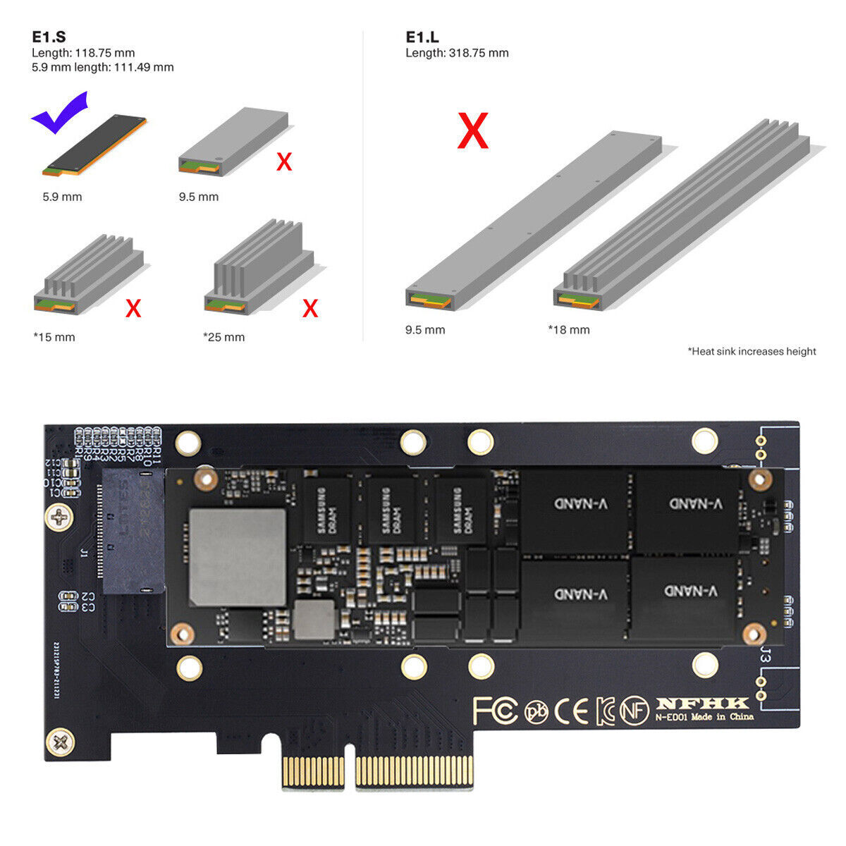 NFHK PCI-E Nvme Ruler 1U GEN-Z E1.S Carrier Adapter EDSFF Short SSD GEN-Z SSD