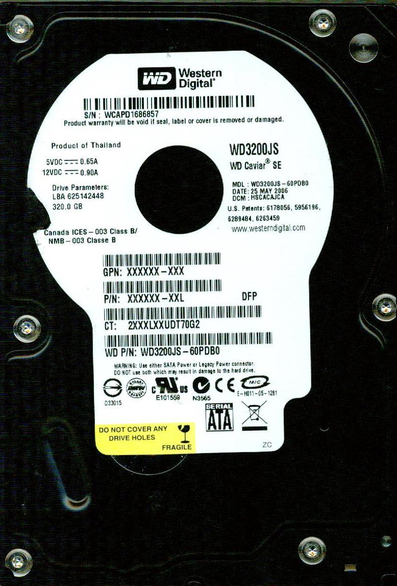 WD3200JS-60PDB0,  HSCACAJCA,  WESTERN DIGITAL SATA 320GB