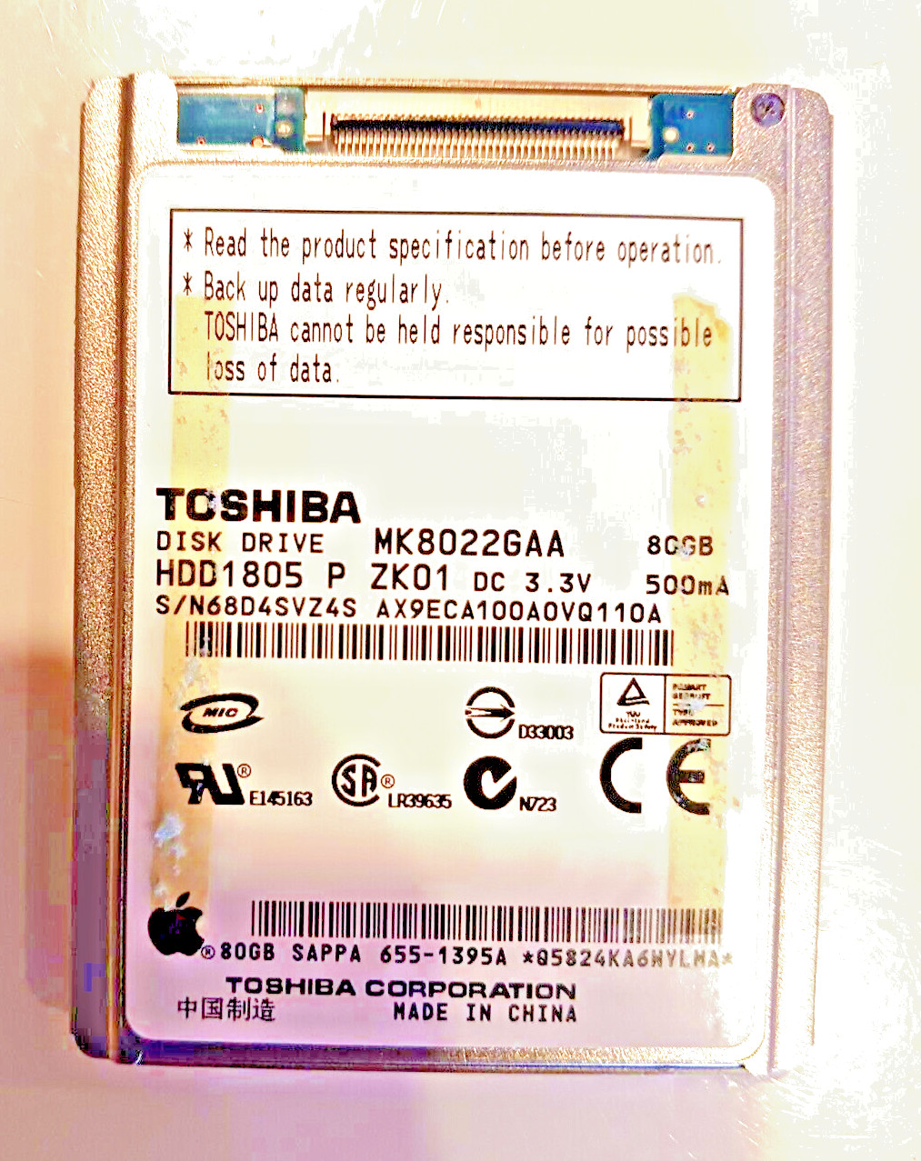 TOSHIBA MK8022GAA OR SAMSUNG HS081HA 1.8" ZIF HDD 80GB FOR IPOD CLASSIC 6TH GEN