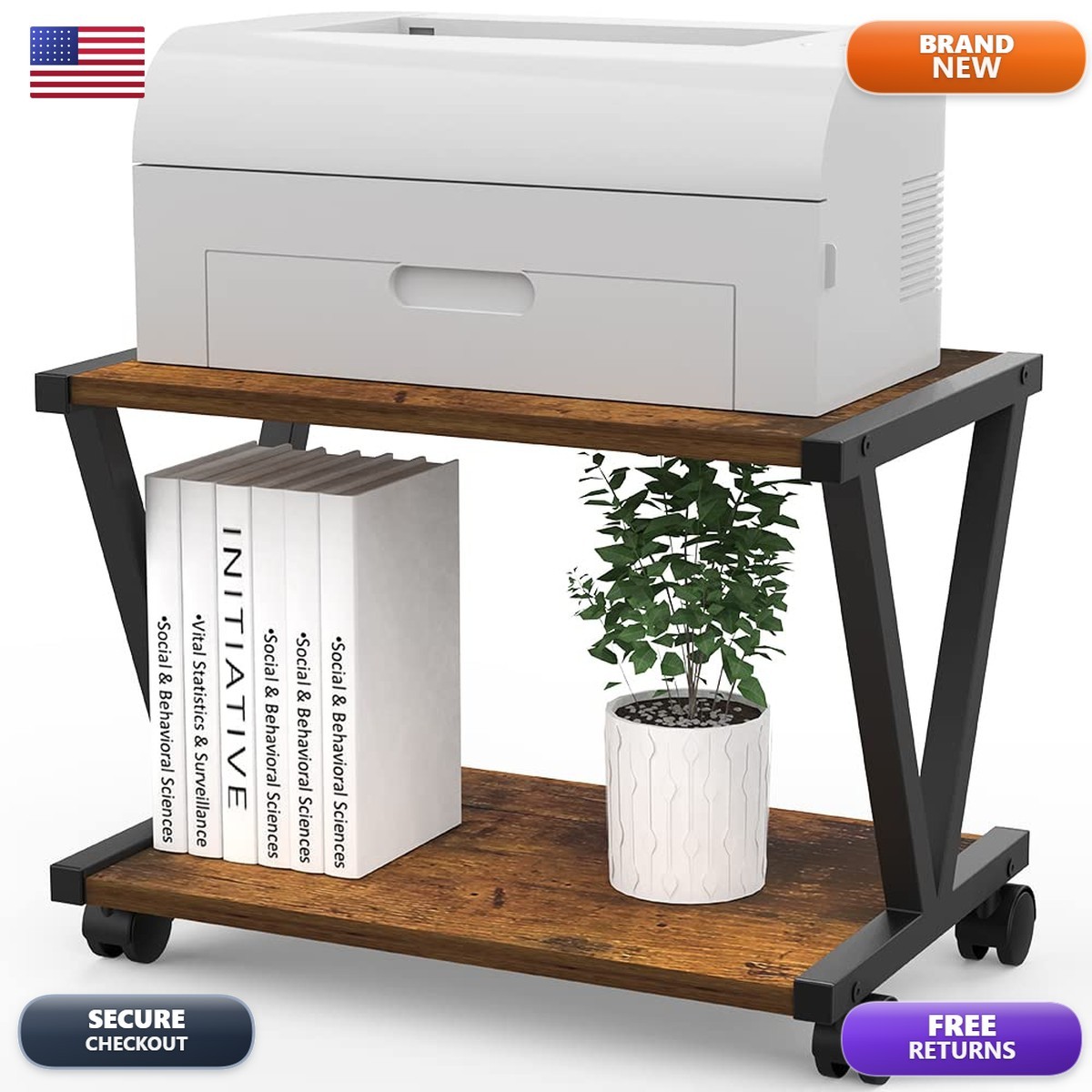 VEDECASA Printer Stand 2 Tier Wood V-Shape Frame Small Printers Rustic Brown