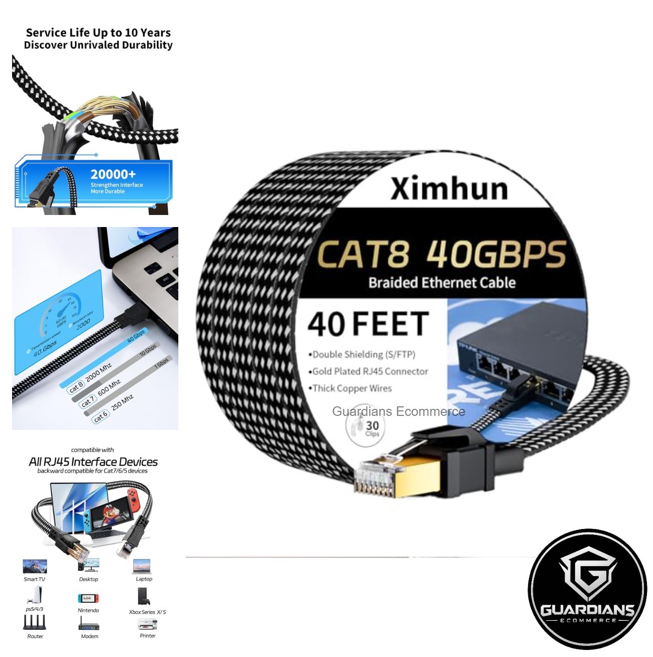 Cat 8 Ethernet Cable 40 FT 40Gbps 2000MHz RJ45 Flat Braided Network Cord Gaming