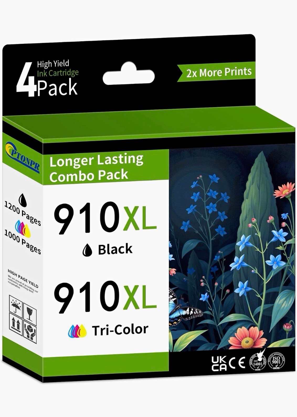 PTONPR 910XL Compatible Ink Cartridges for HP 4-Pack BK C M Y Inkjet