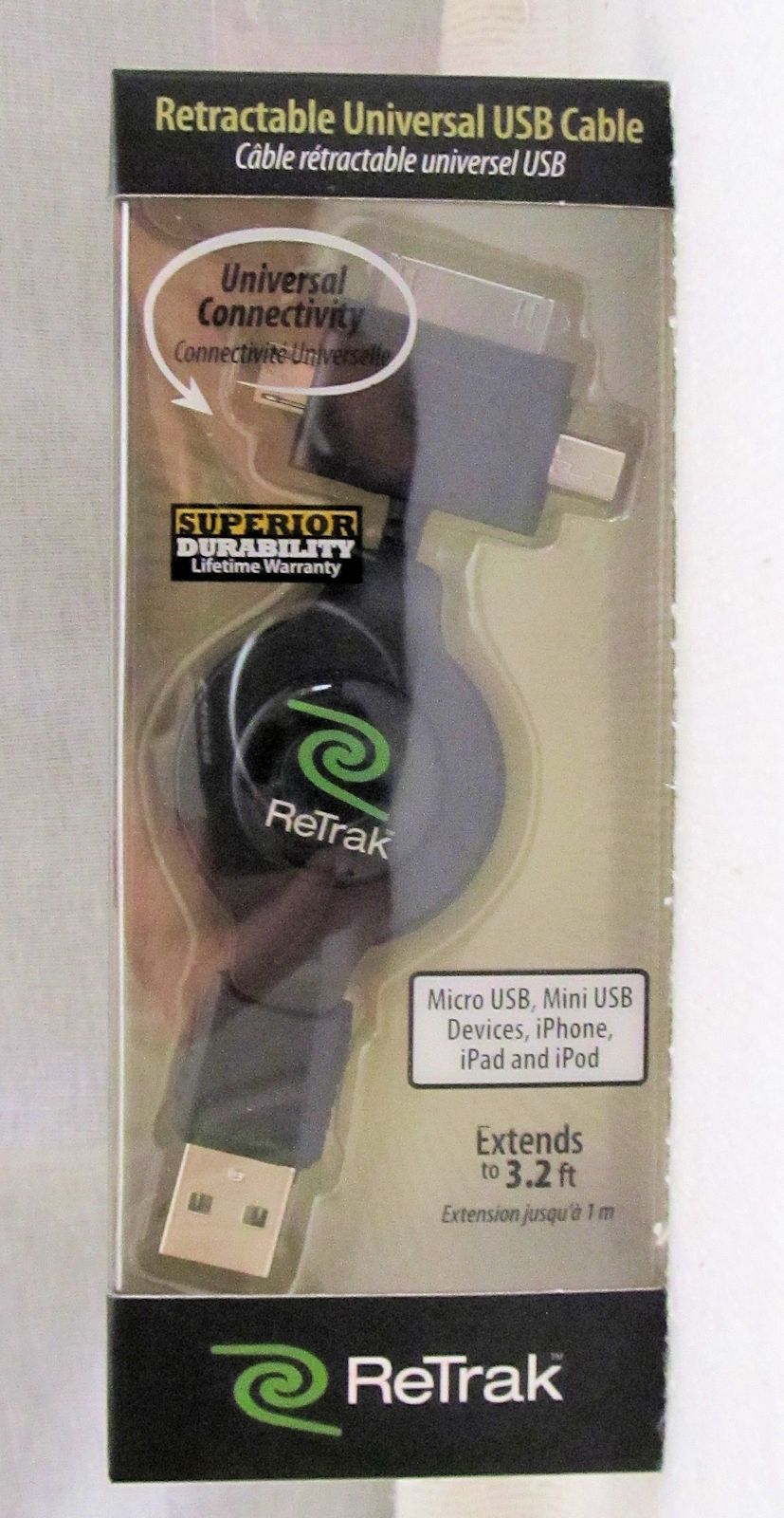 Retrak Retractable Universal USB Cable Micro USB, Mini USB and iPad 1 and 2
