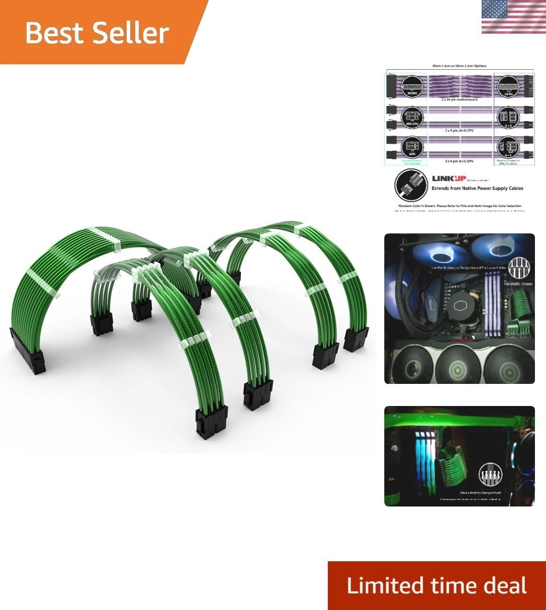 PC Power Supply Extension Cable Kit 50cm Green Braided Sleeved 3 Pack
