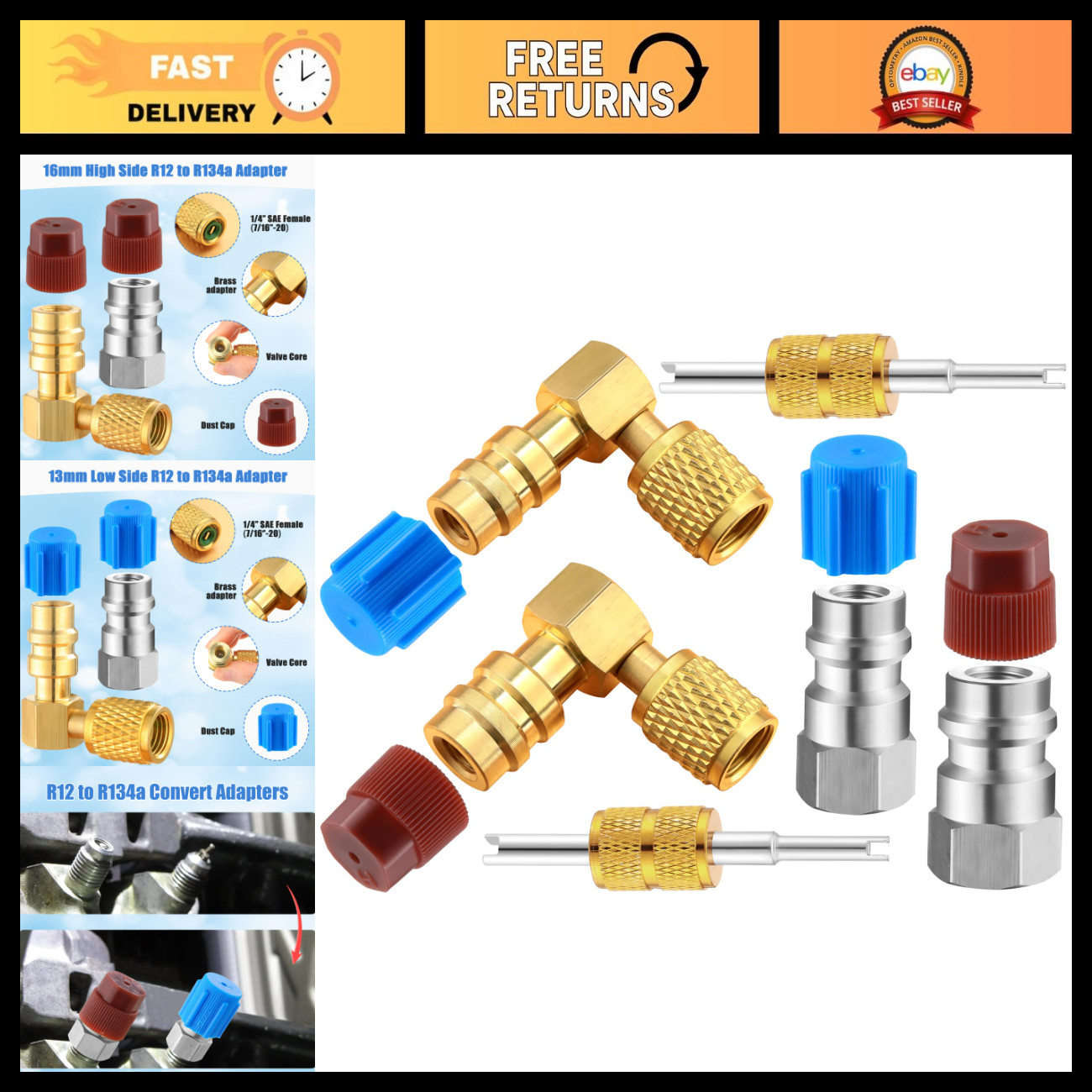 R12 to R134A Conversion Kit Adapter Fittings - Gold & Silver, AC Refrigerant Too