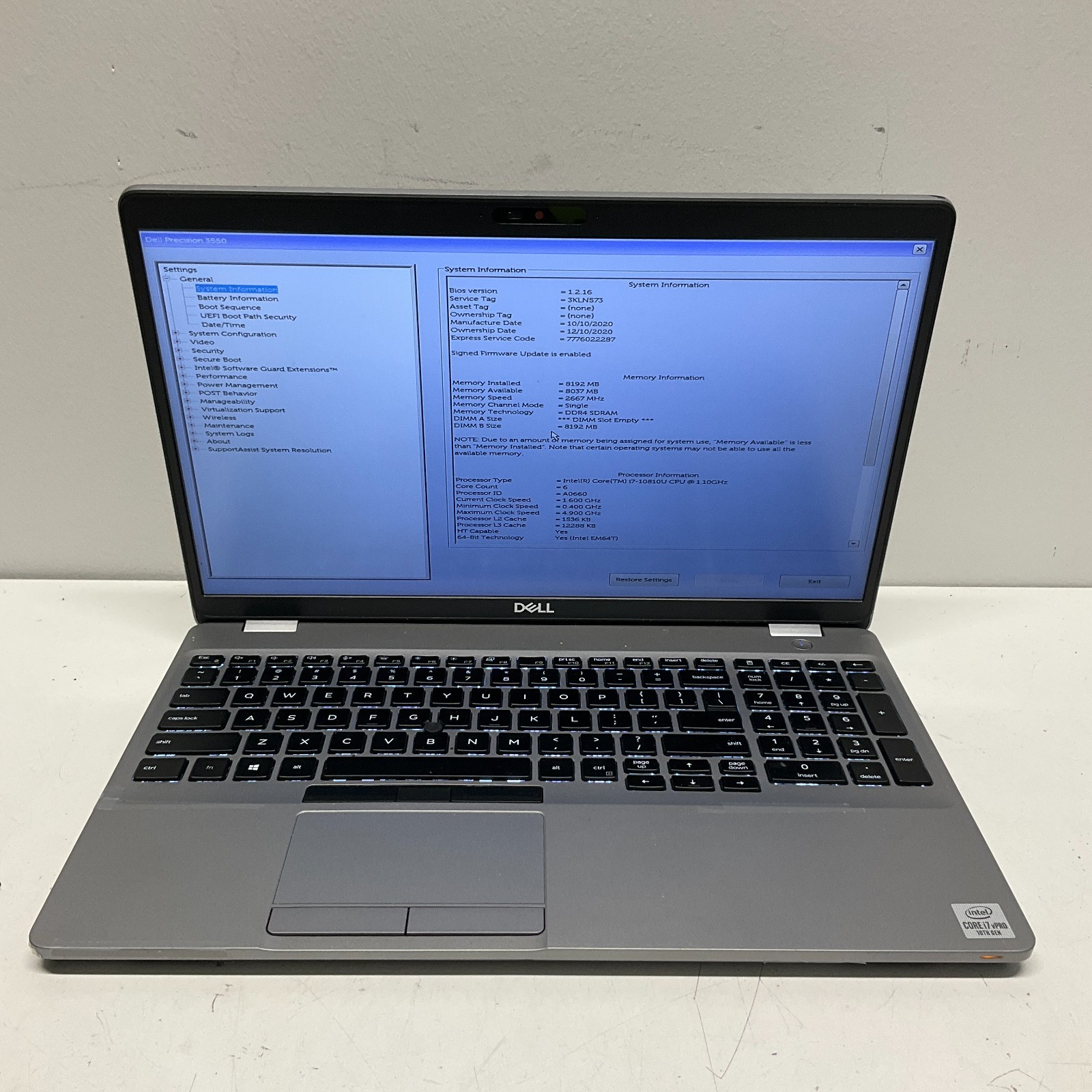 Dell Precision 3550 Laptop Intel 10th Gen i7 8GB RAM NO HDD NO OS