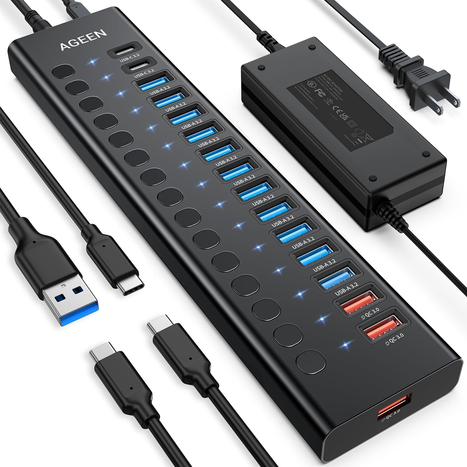 Powered USB Hub, 16-Port USB 3.2 Hub (14 USB-A+2 USB-C), 10Gbps