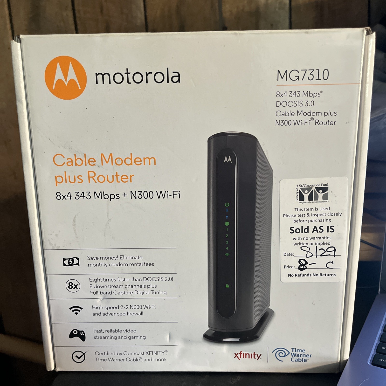 Motorola MG7310 8x4 343Mbps DOCSIS 3.0 Cable Modem plus N300 Wi-Fi Router 