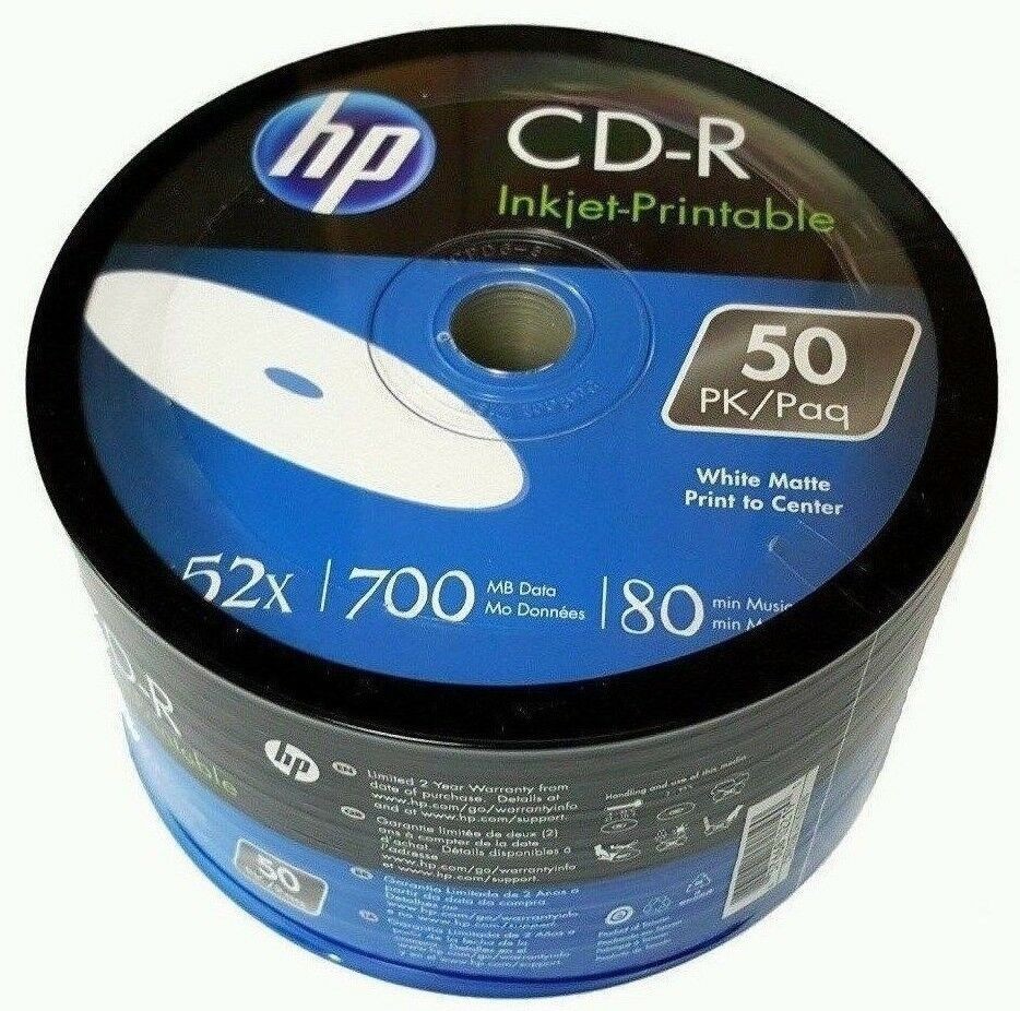50 HP 52x White Inkjet Hub Printable CD-R Disc