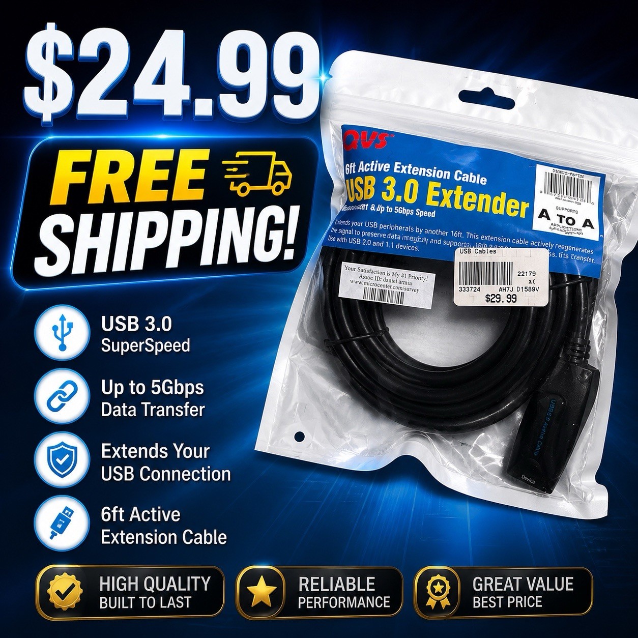USB 3.0 Active Extension Cable 16ft 5Gbps High Speed A to A Extender Booster NEW