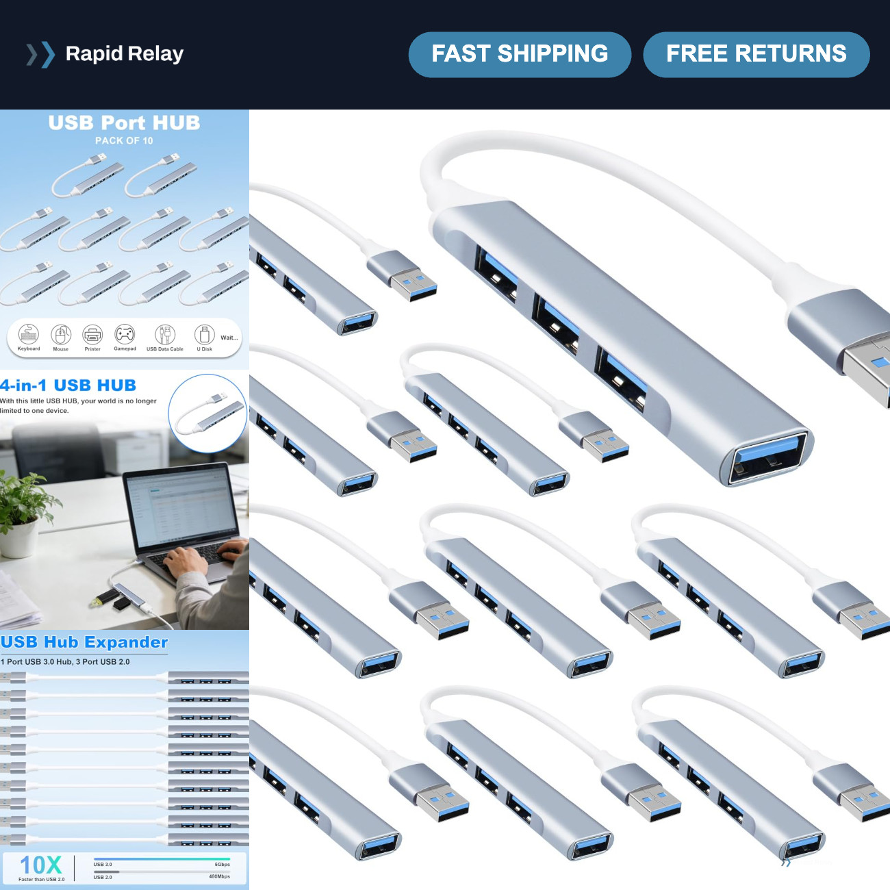 10-Pack USB Hub Splitter - 4-Port USB Expander for Multiple Devices, Fast Data T
