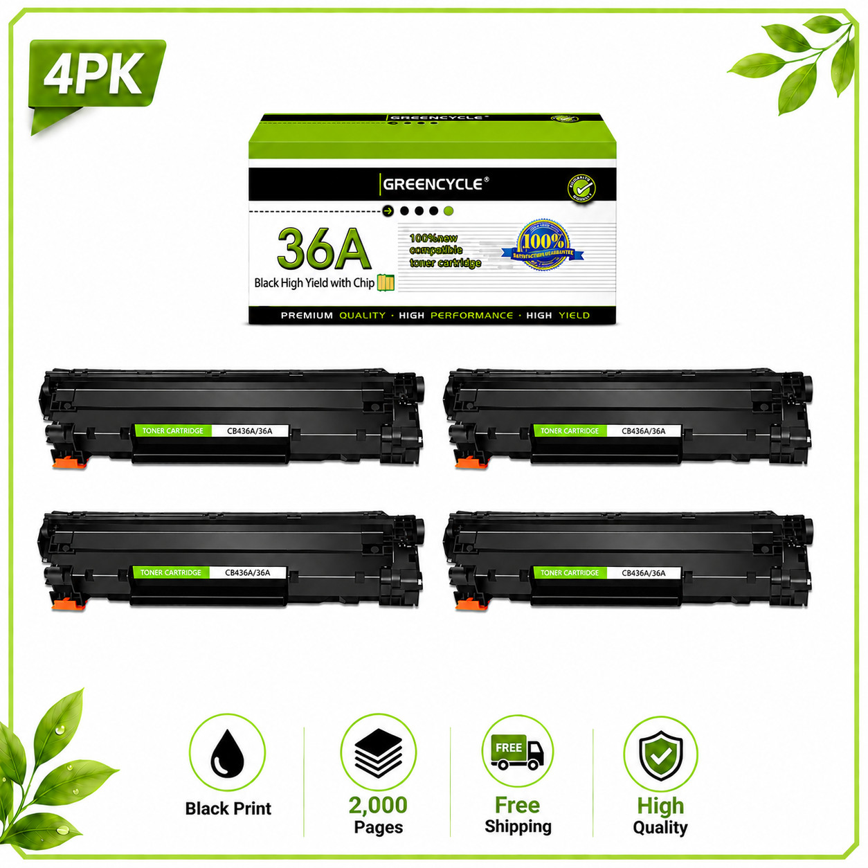 4pk CB436A Toner Cartridge Compatible For HP 36A LaserJet P1505 P1505n M1522
