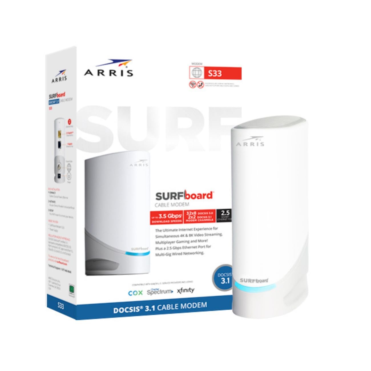 ARRIS SURFboard S33 DOCSIS 3.1 Multi‑Gig Cable Modem | 2.5Gbps + 1Gbps Ethern...