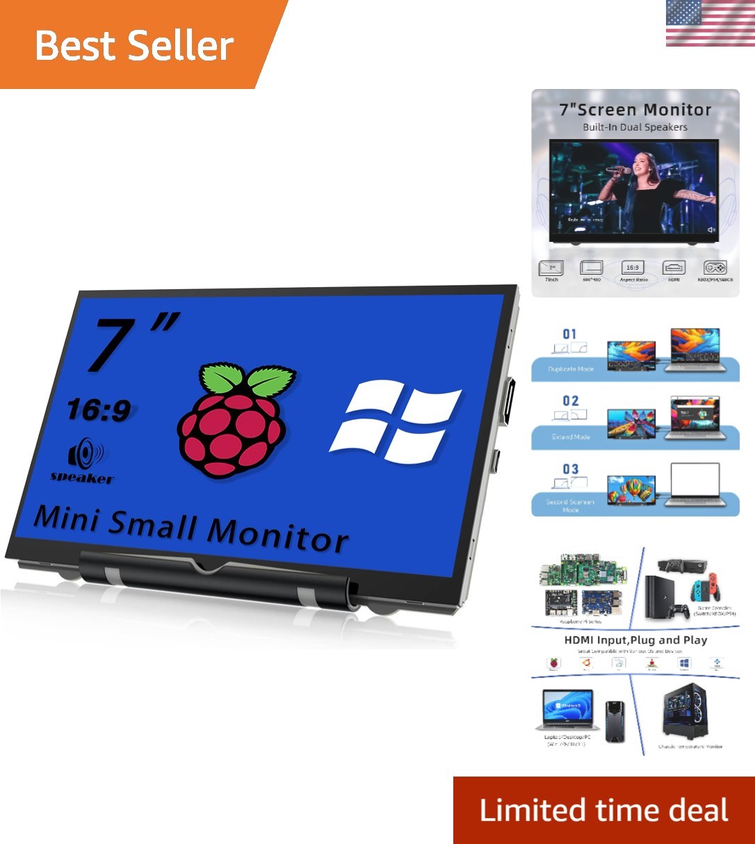 7 Inch Non-Touch HD Monitor with Adjustable Brightness & Connectivity Options