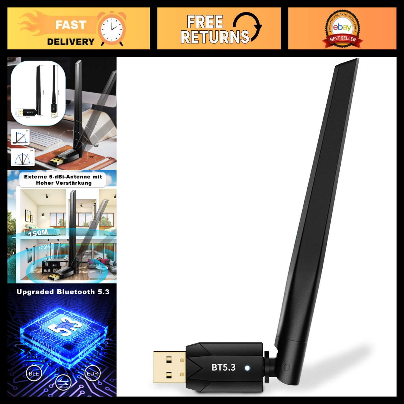 Bluetooth 5.3 USB Adapter for PC - Long Range 492FT Wireless Dongle, Plug & Play
