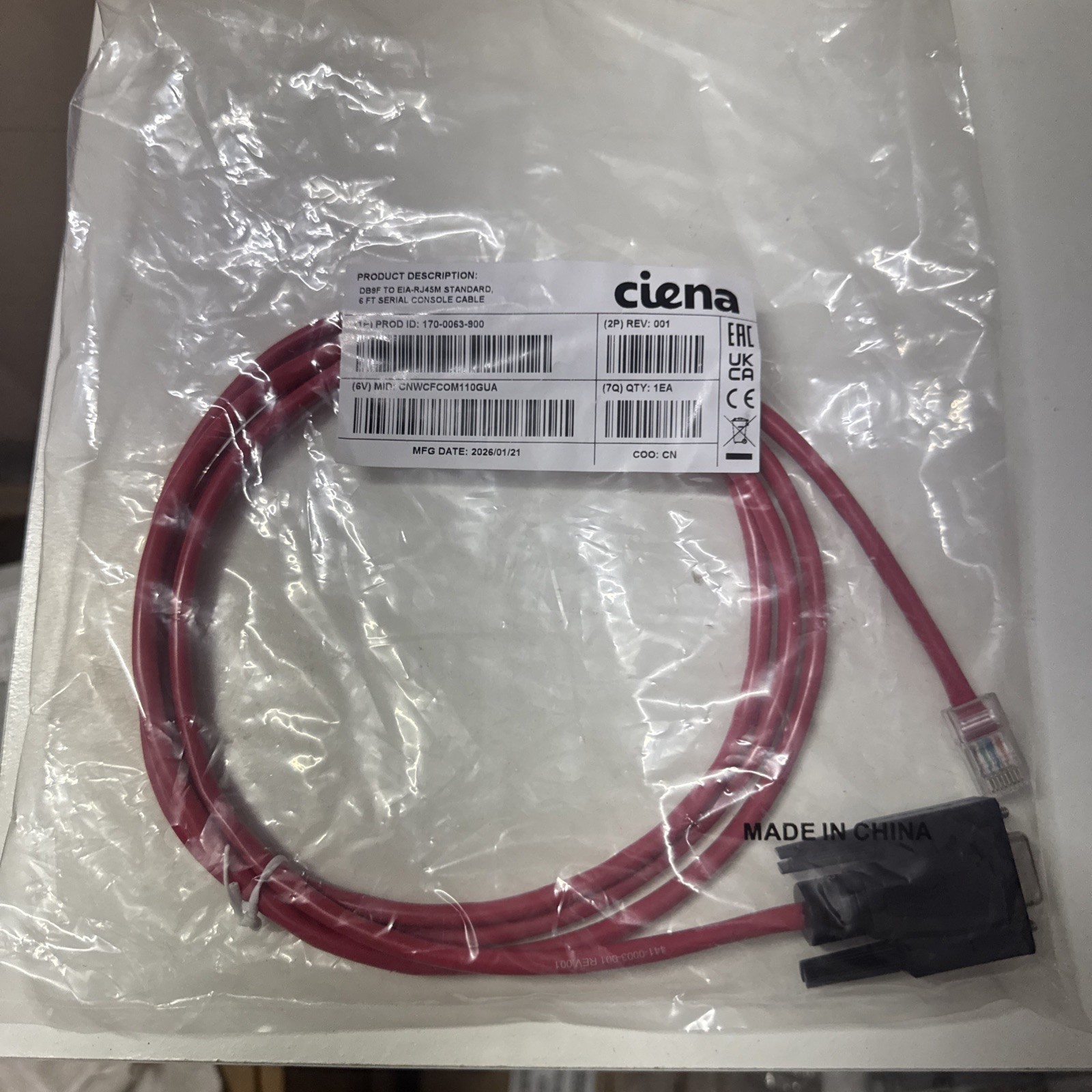 170-0063-900  DB9F to EIA-RJ45M Standard, 6 ft Serial Ciena  Console Cable