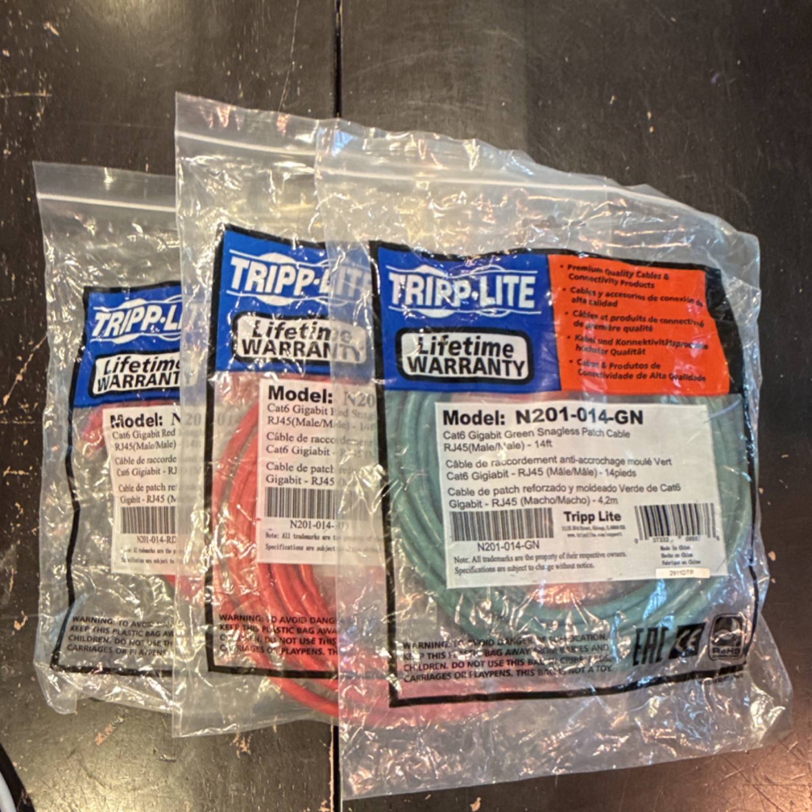 Tripp Lite Cat6 RJ-45 Ethernet Patch Cable Snagless 14 ft N201-014-GN set of 3