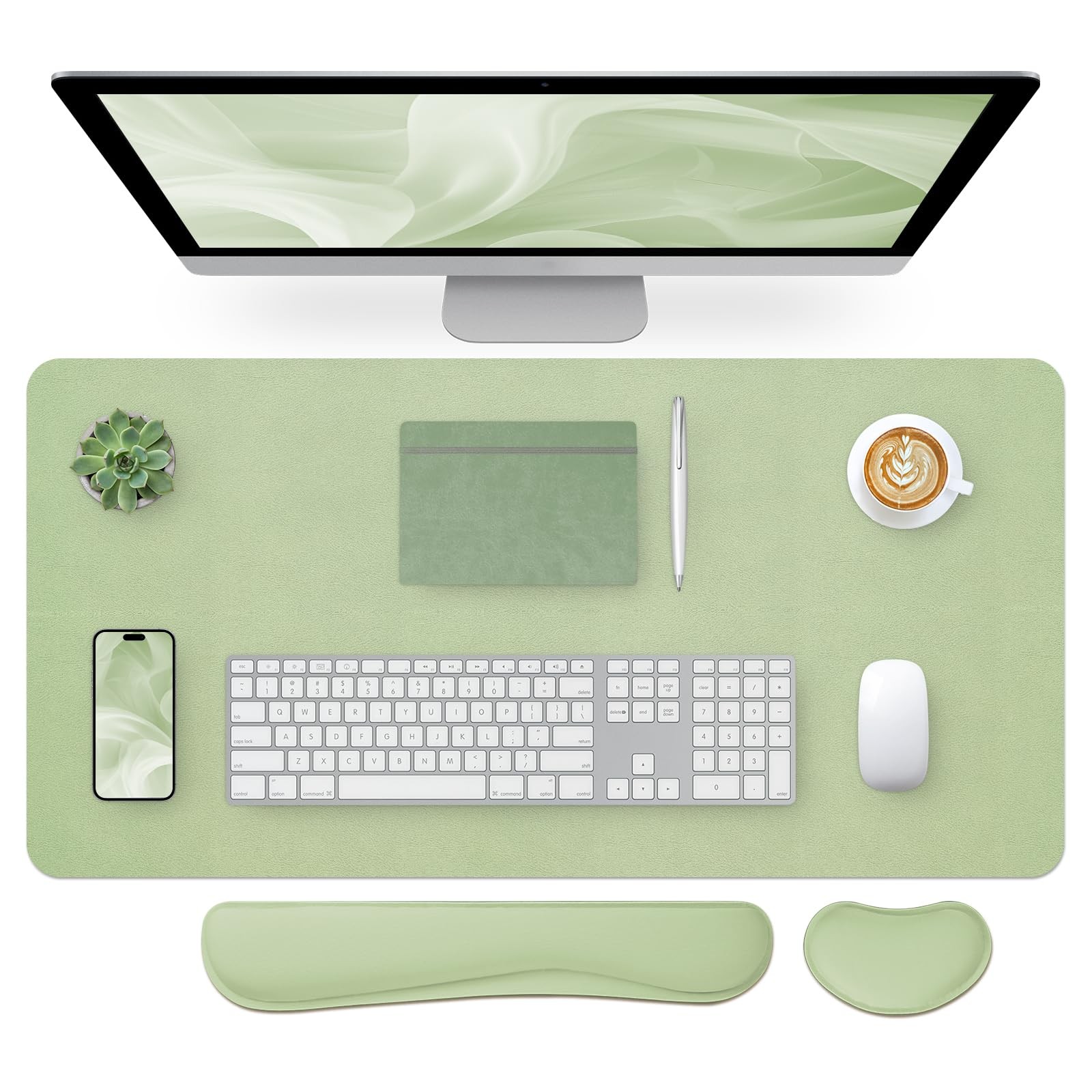 Bloss Leather Desk Mat and Keyboard Wrist 31.5" x 15.7", Green-wrist Rest 