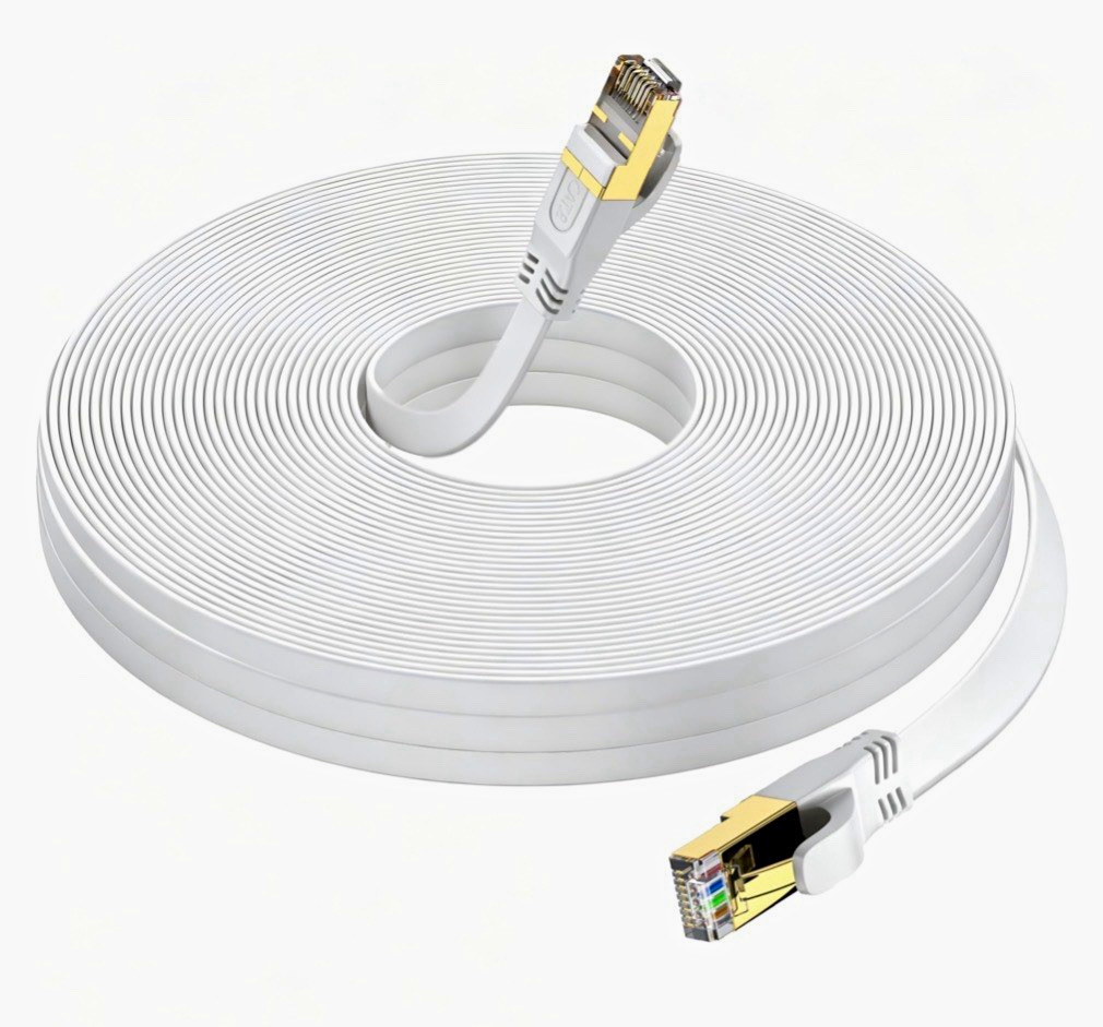 Cat8 100FT  Flat Ethernet  Cable White Gold Plated RJ45 M/M