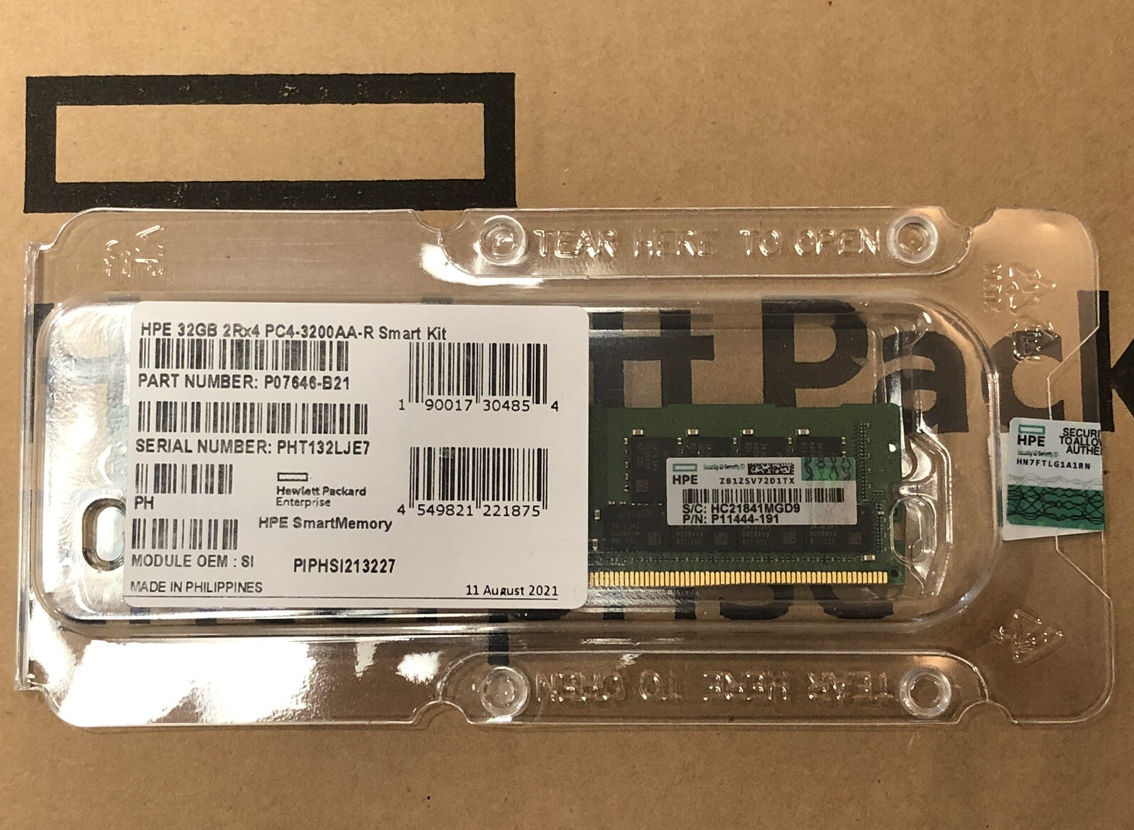 HPE 32GB 2Rx4 DDR4 PC4-3200AA-R Reg Dual Rank ECC Smart Server Ram Memory Kit