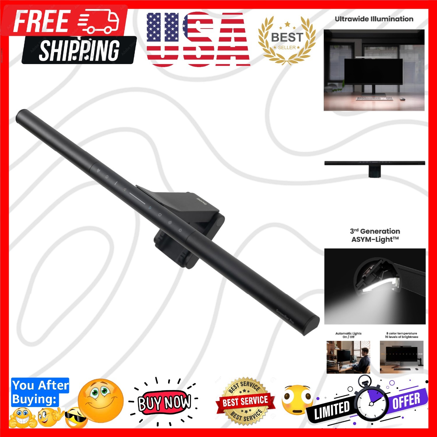 ScreenBar Pro LED Monitor Light Bar Black - Ultrawide Lighting, Motion Sensor...