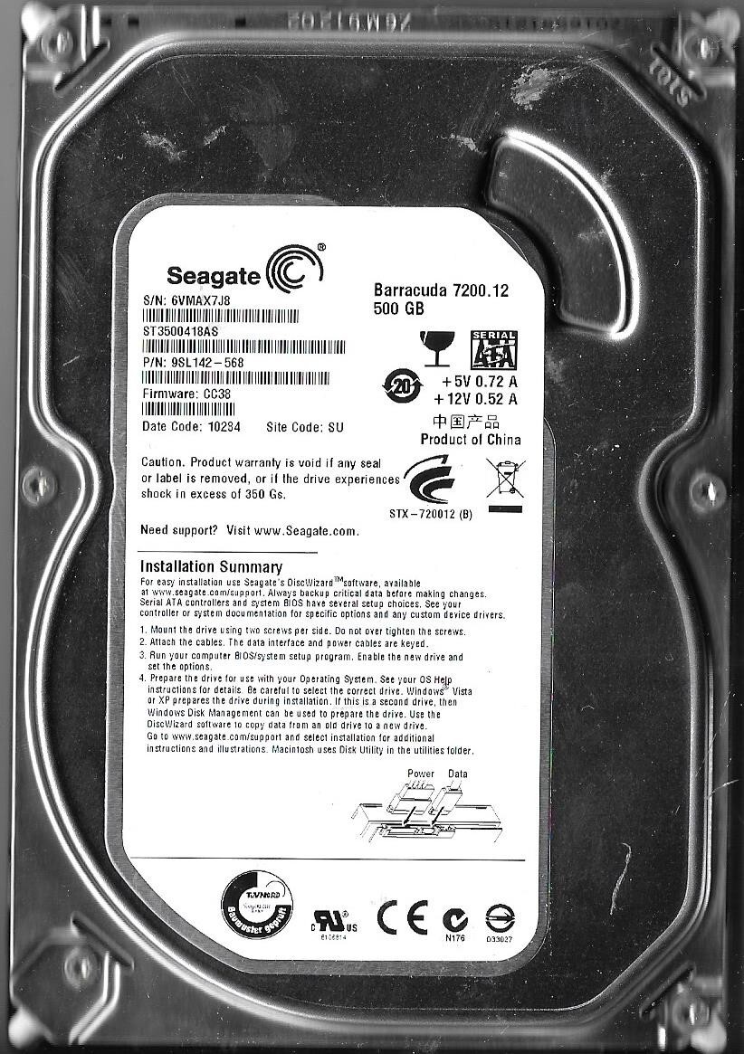Seagate ST3500418AS 500GB Sata Hard Drive P/N: 9SL142-568 F/W: CC38  6VM  SU