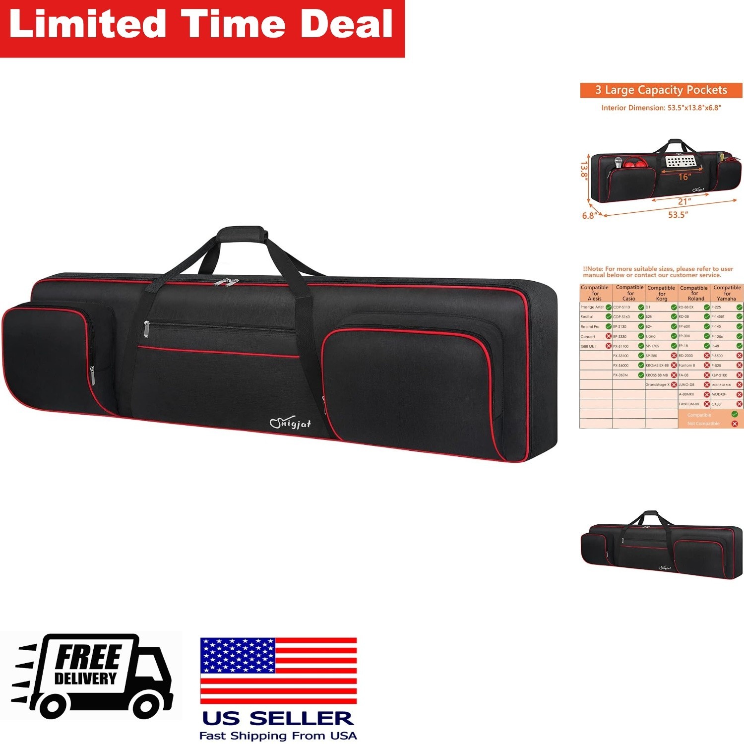 88 Key Waterproof Keyboard Case Soft Adjustable Shoulder Straps 54 x 14 x 7