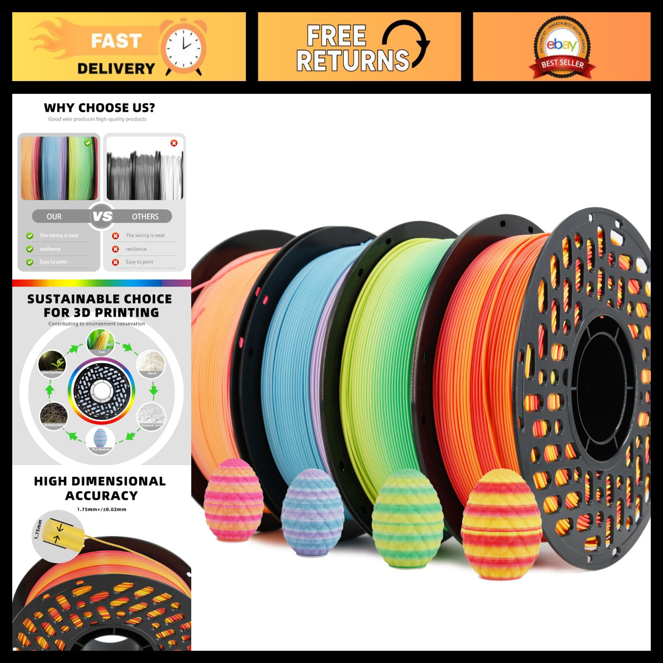Multicolor Gradient PLA 1.75mm Filament Bundle for 3D Printers, 4 x 1kg Spools