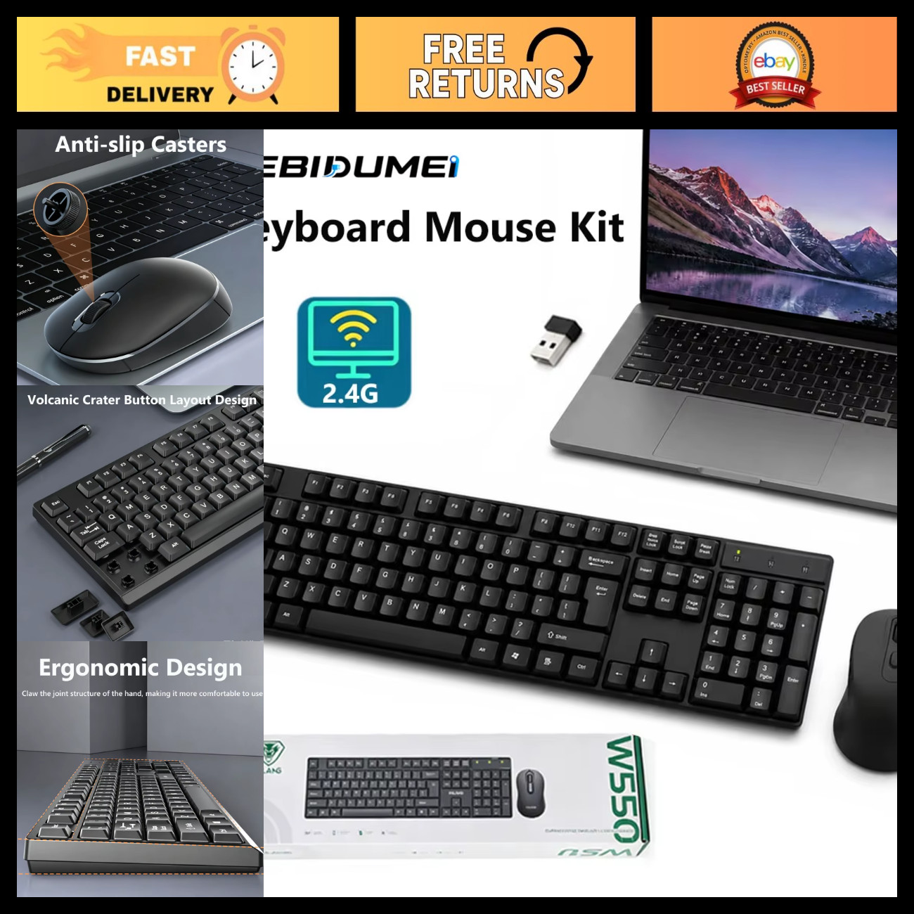 Wireless Keyboard Mouse Combo - Portable USB LED Light, Silent Buttons, Office A