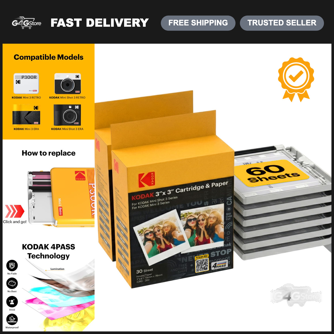 4PASS 3x3” Photo Cartridge Refill, 60 Sheets for Mini Instant Cameras