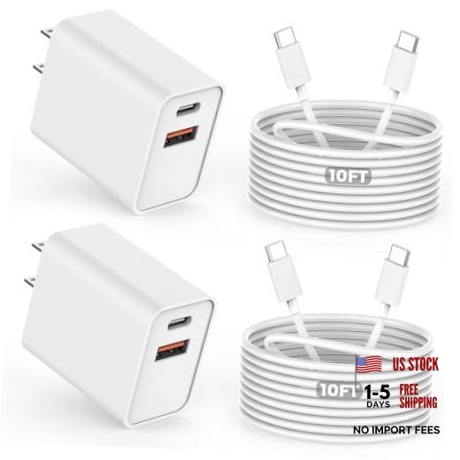 10FT iPhone 17/16e Fast Charger,Pack0W Dual Port USB C+A 10FT C-C 2 White/White