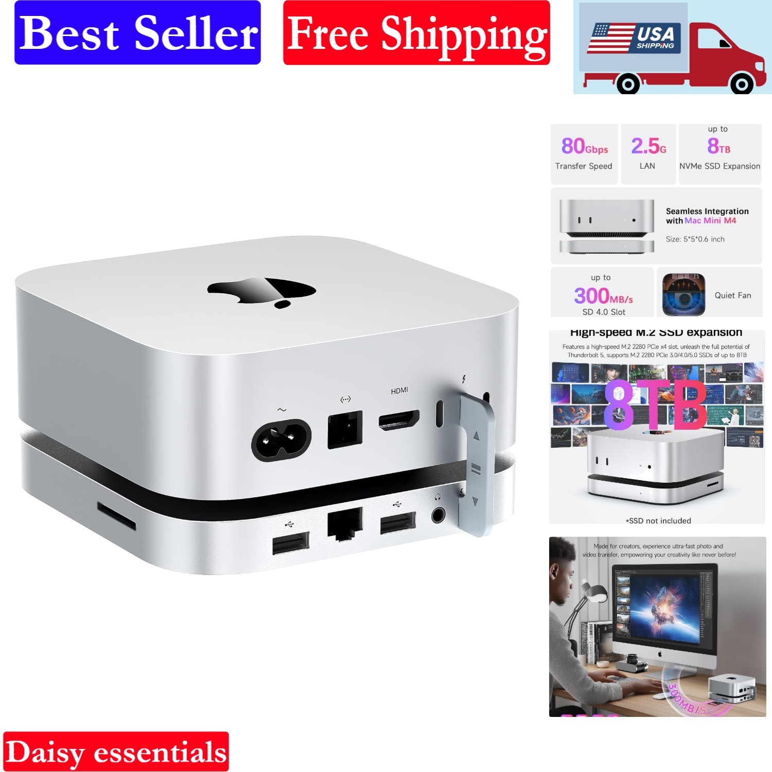 Mate Mini-B 80Gbps Mac mini M4 Dock & Stand, Up to 8TB NVMe SSD Expansion, PD...